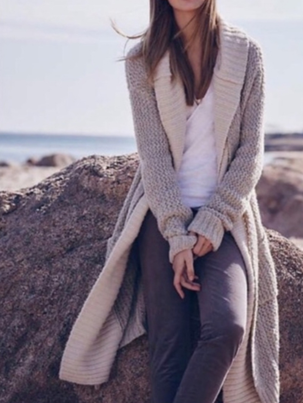Sleeping On Snow Wool Blend Oatmeal Cream Duster Open Long Hooded Cardigan SP